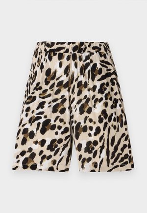 Løveprikkede shorts med elastisk talje, lavet af letvægtsstof. Har beige, sort og brun farver med et struktureret mønster.