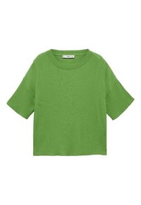 Grünes, geripptes Kurzarmoberteil mit Rundhalsausschnitt, das eine kastige Passform und einen strukturierten Stoff aufweist. Einfaches Design ohne Verzierungen.
