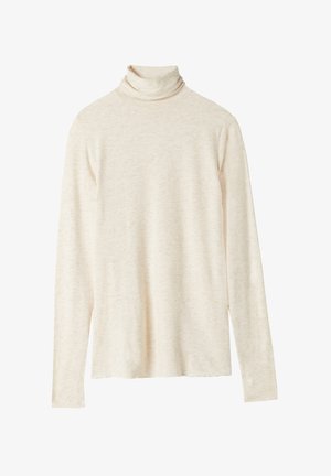 Beżowy golf z długim rękawem wykonany z miękkiego materiału, cechujący się luźnym krojem, subtelna tekstura i brak widocznych wzorów lub akcentów.