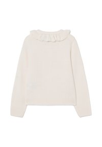 Suéter de punto color crema con mangas largas y un detalle de cuello con volantes, mostrado desde la parte de atrás sobre un fondo blanco.