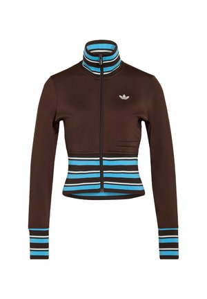 Καφέ μπουφάν με φερμουάρ και ψηλό γιακά, με κάθετες μπλε και μαύρες ρίγες στο τελείωμα και στις μανσέτες, καθώς και με ανάγλυφο λογότυπο.