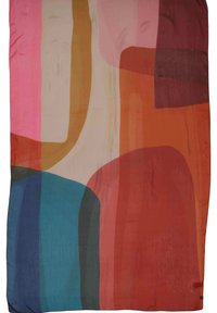 Foulard di seta multicolore con motivi astratti, caratterizzato da forme rosa, arancione, blu e beige di diverse dimensioni e design sovrapposti.