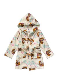 Fleece bathrobe featuring a cream color with cartoon dog designs, a hood, long sleeves, and a matching belt. Text: "So Cute!" and "Paw Patrol."