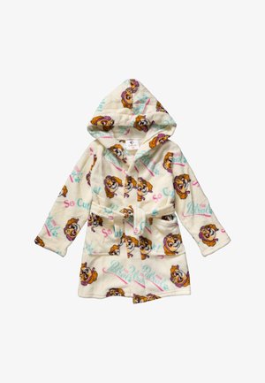 Fleece bathrobe featuring a cream color with cartoon dog designs, a hood, long sleeves, and a matching belt. Text: "So Cute!" and "Paw Patrol."
