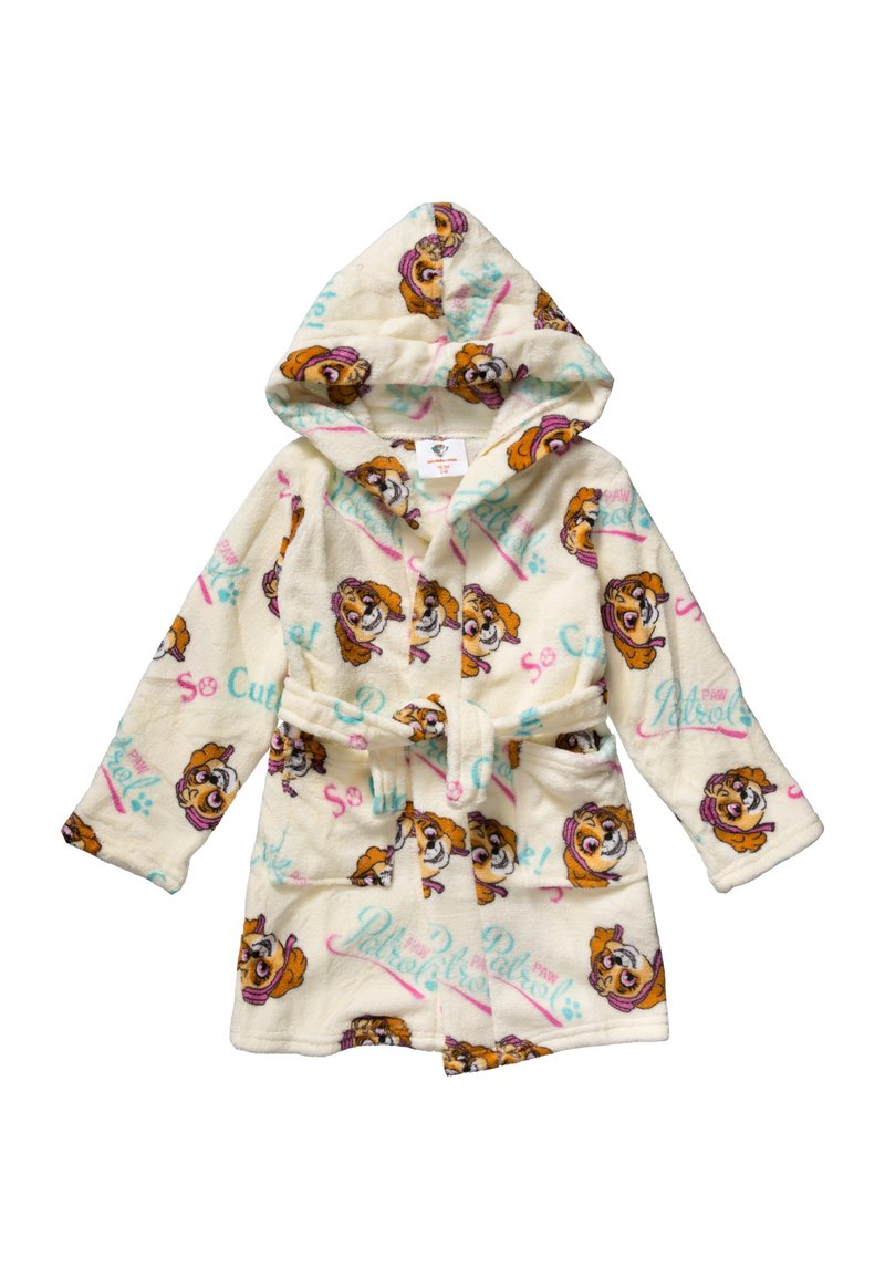 Fleece bathrobe featuring a cream color with cartoon dog designs, a hood, long sleeves, and a matching belt. Text: "So Cute!" and "Paw Patrol."