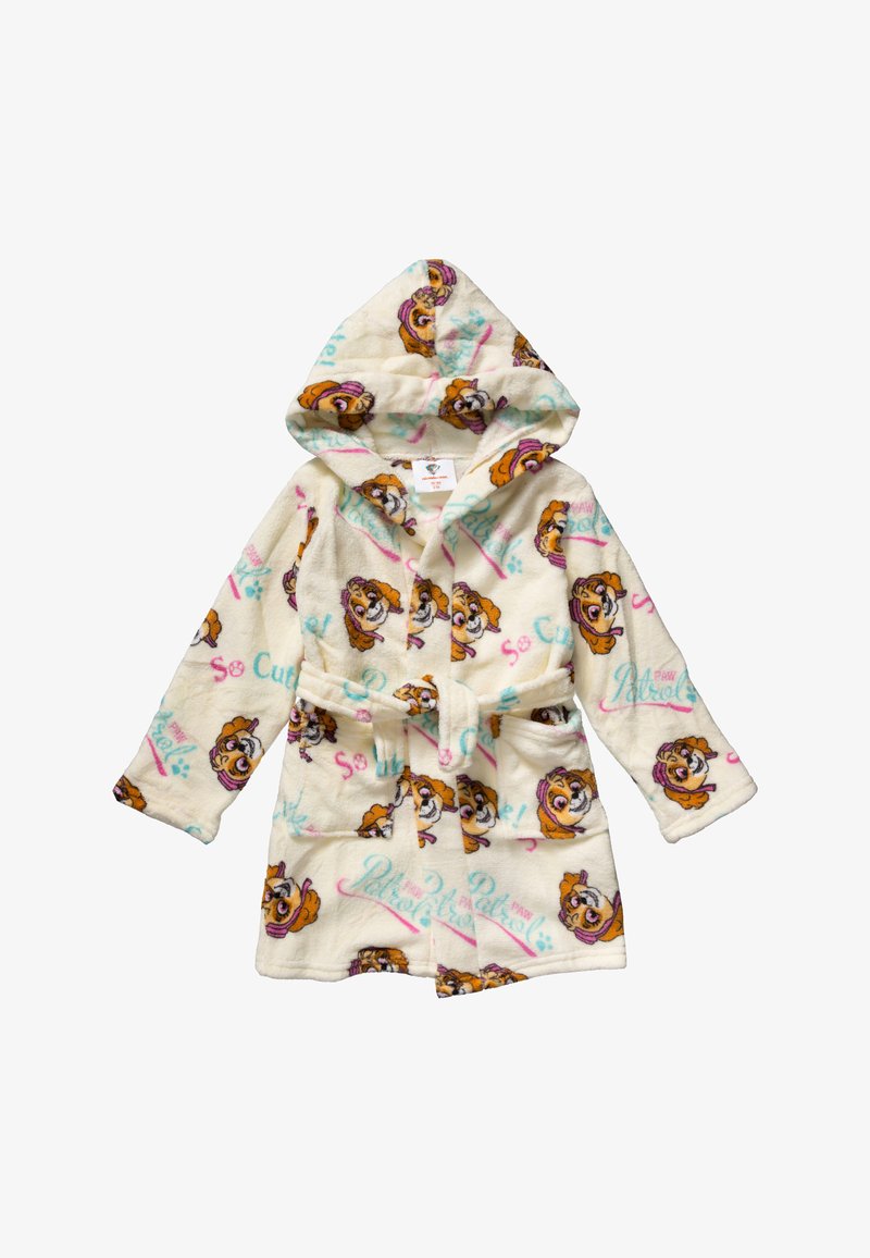 Fleece bathrobe featuring a cream color with cartoon dog designs, a hood, long sleeves, and a matching belt. Text: "So Cute!" and "Paw Patrol."