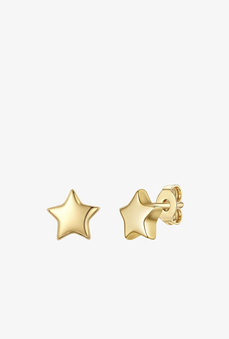 Petites boucles d'oreilles clous en forme d'étoile dorée, l'une montrant le devant et l'autre le côté avec fermoir papillon.