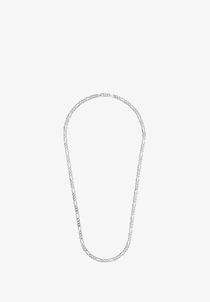 Halskette aus Sterling Silber mit verbundenen ovalen und runden Formen, polierte Oberfläche, Verschluss mit Haken, mittlere Dicke und glatte Textur.