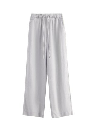 Lysegrå bukser med vide ben, elastisk linning og snøre, med sidelommer og afslappet pasform.