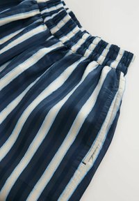 Navyblaue Hose mit elastischem Bund, die vertikale Streifen in Hellblau und Creme aufweist. Glattes Material mit einem leichten Glanz; seitliche Tasche sichtbar.