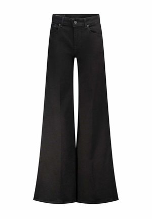 Jeans neri a gamba larga con vita alta. Realizzati in denim. Presentano una chiusura frontale con bottone e passanti per la cintura. Texture liscia senza motivi visibili.