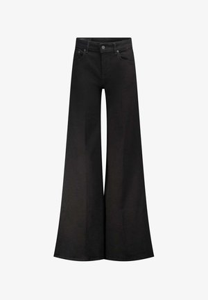 Jeans neri a gamba larga con vita alta. Realizzati in denim. Presentano una chiusura frontale con bottone e passanti per la cintura. Texture liscia senza motivi visibili.