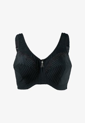 Čierna podprsenka s vertikálnymi pruhmi a čipkovaným detailom na pohároch. Obsahuje dekoratívny stredový akcent a široké ramienka pre podporu.
