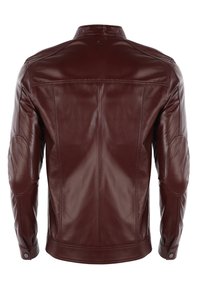 Veste en cuir marron foncé avec des renforts cousus aux coudes et des poignets à boutons-pression, vue de dos sur fond blanc.