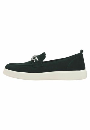 Dark green suede slip-on shoe with a white sole, featuring a silver accent on the front and a minimalistic design.
