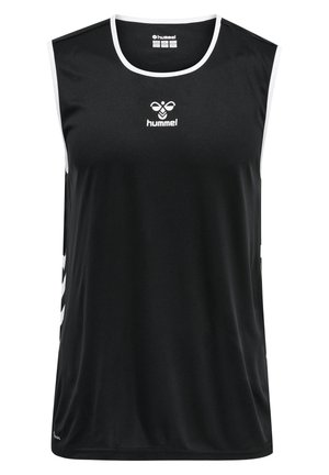 Black sleeveless sports shirt made of smooth fabric, featuring a white trim and logo at the center. Patterned accents along the sides.