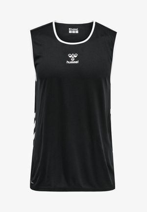 Schwarzes ärmelloses Sportshirt aus glattem Stoff, mit weißen Akzenten und Logo in der Mitte. Gemusterte Akzente an den Seiten.