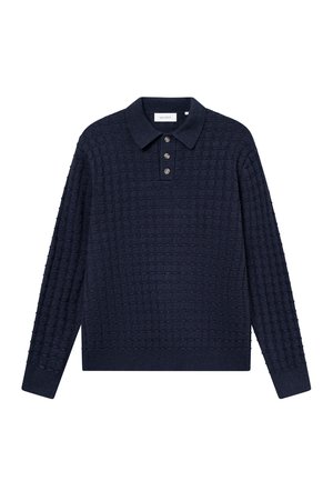Mørkeblå langærmet polo-sweater med et struktureret rutenetmønster, tre knaplukninger og ribbede manchetter og kant.
