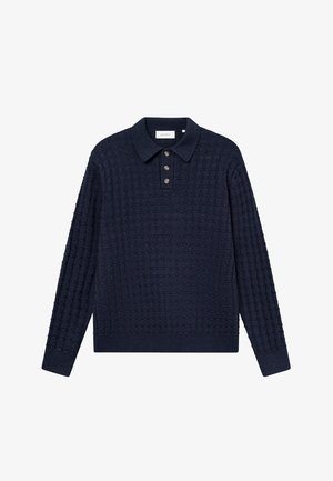 Mørkeblå langærmet polo-sweater med et struktureret rutenetmønster, tre knaplukninger og ribbede manchetter og kant.