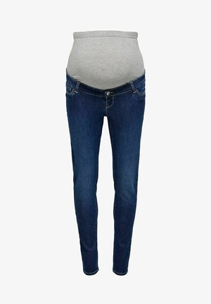 Jeans de maternité avec une ceinture extensible gris clair et en denim bleu foncé, présentant une coupe slim et un design classique à cinq poches.
