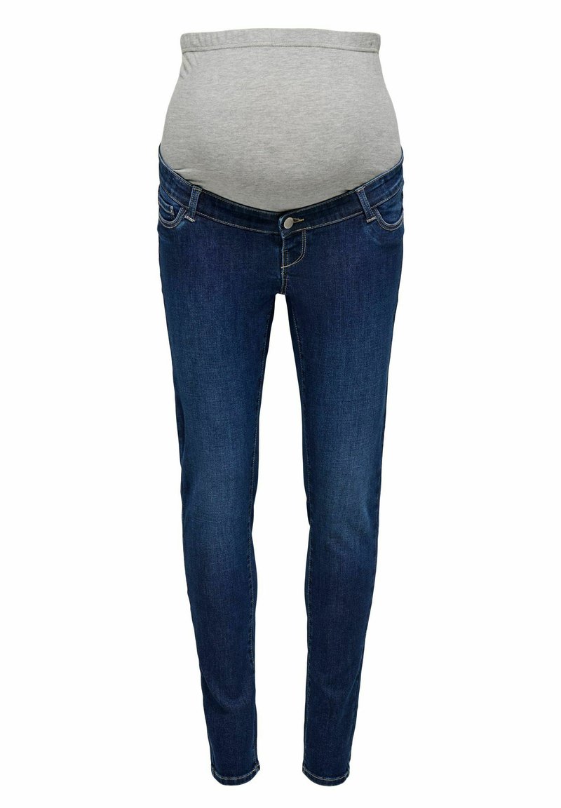 Kismama farmernadrág világosszürke rugalmas derékkal és sötétkék denim szövetből, amely karcsú szabással és klasszikus öt zsebes dizájnnal rendelkezik.
