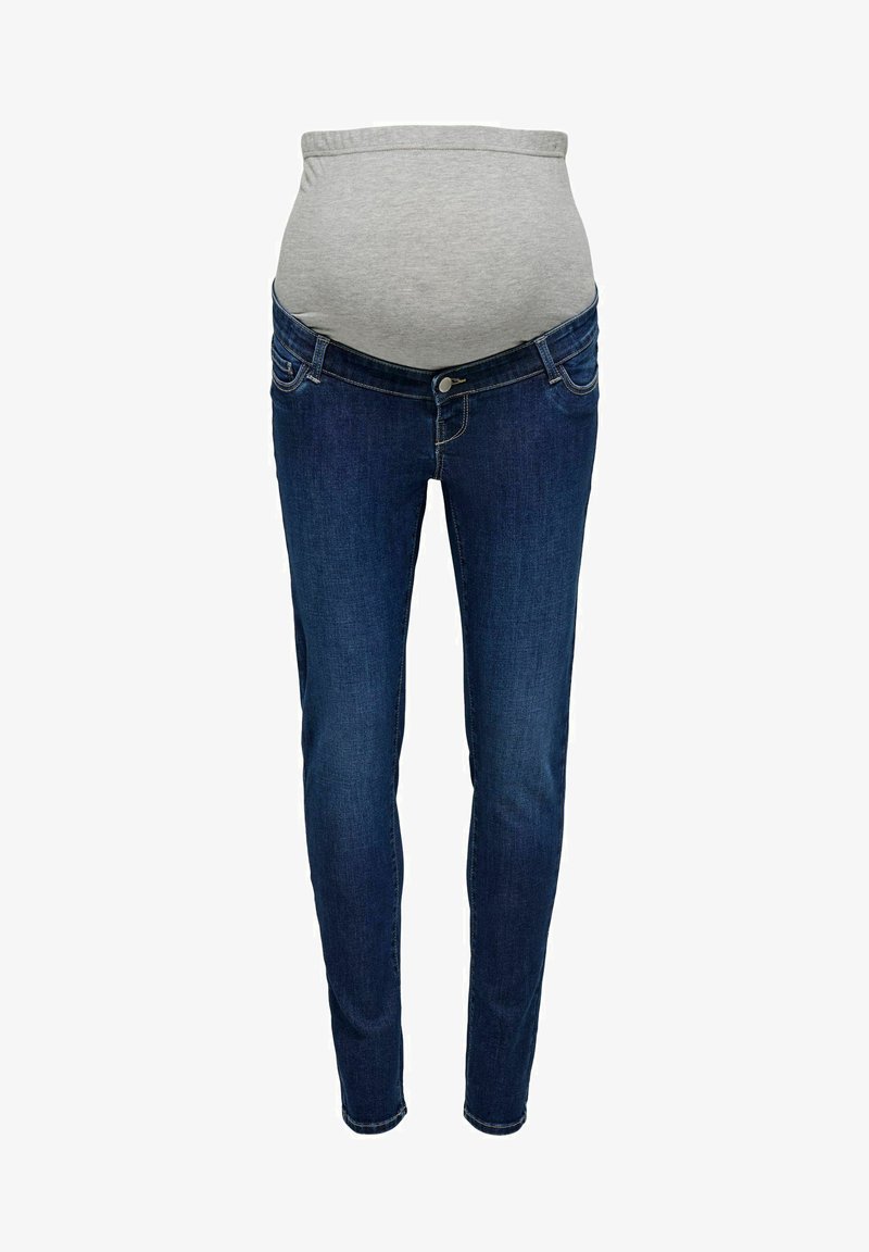 Trudničke traperice s svijetlosivim rastezljivim pojasom i tamnoplavim deninom, s uskim krojem i klasičnim dizajnom s pet džepova.