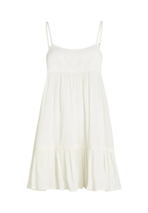 Hvid, ærmeløs sommerkjole lavet af let stof, med en tekstureret overdel, et udvidet skørt og en flæsekant.
