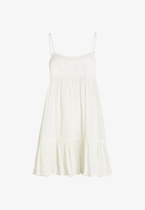 Valge, varrukateta suvekleit kergest kangast, millel on tekstuuriga ülakeha, tihe seelik ja volditud alumine ääreosa.