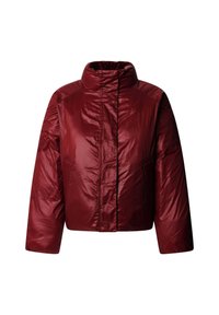 Rode geïsoleerde pufferjack met een opstaande kraag, voorzien van een glanzende afwerking, afgezakte schouders en twee zijzakken.