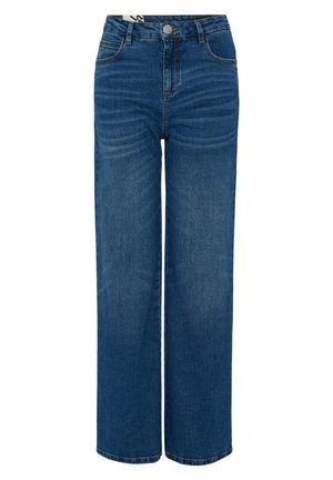 Jean bleu à jambes larges en denim, avec une taille haute, des détails de décoloration subtils et un design classique à cinq poches.