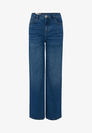 Jeans blue a gamba larga realizzati in denim, con vita alta, dettagli di whiskering sottili e design tradizionale a cinque tasche.
