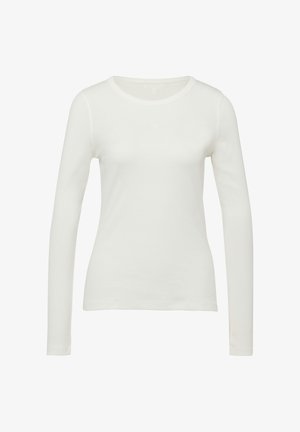 Schlichtes weißes Langarmshirt mit Rundhalsausschnitt und figurbetonter Silhouette, präsentiert vor neutralem Hintergrund.