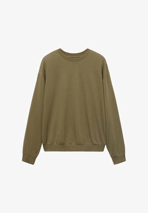 Grüner Pullover aus weichem Stoff, mit rundem Halsausschnitt, langen Ärmeln und geripptem Saum. Einfach, ohne Muster oder Hardwaredetails.
