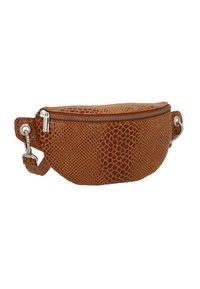 Brown leather fanny pack with a textured snakeskin pattern, featuring a silver zipper and adjustable strap with metal hardware.
