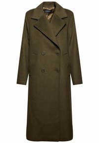 Długi oliwkowo-zielony wełniany płaszcz dwurzędowy z szerokimi klapami i bocznymi kieszeniami, podszewkowany satynową tkaniną.