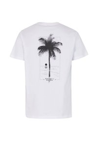 Hvid bomulds T-shirt med et sort palmetræ grafik på ryggen, med teksten "I dag var en god dag" og et cirkulært designelement.