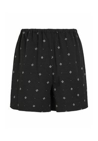 Pantaloni corti neri con vita elastica, caratterizzati da un motivo a rombi ripetuto in bianco e piccoli punti su tutta la superficie. Materiale in cotone, vestibilità casual.