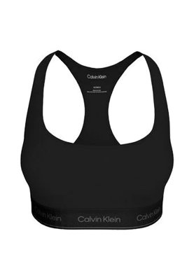 Schwarzer Calvin Klein Sport-BH mit Racerback-Design und gebrandetem elastischem Band am unteren Rand.
