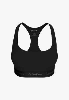 Schwarzer Calvin Klein Sport-BH mit Racerback-Design und gebrandetem elastischem Band am unteren Rand.