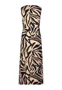 Schwarz-beige Ärmelloses Kleid mit Blattmuster, taillierter Taille und knöchellangem Schnitt aus glattem Material.