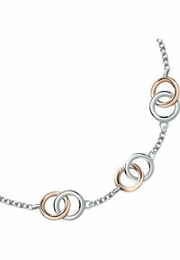 Smycke av silver och rosaguld med länkar som har sammanlänkade cirklar, med släta, polerade ytor och en delikat kedjedesign.