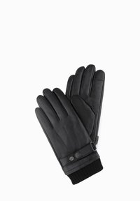 Une paire de gants en cuir noir avec des poignets en tricot côtelé et une sangle ajustable fixée par un bouton-pression sur fond blanc.