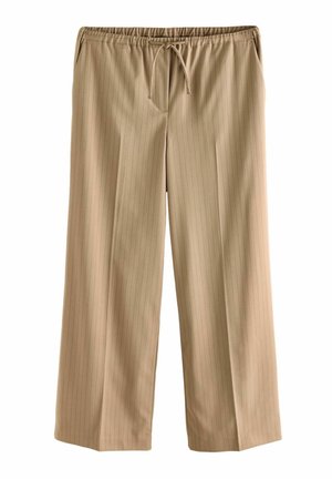 Pantalon beige à coupe droite avec fines rayures verticales, taille élastique et fermeture à cordon à l'avant.