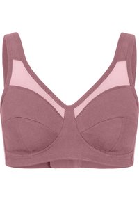 Soutien-gorge mauve avec des accents en résille, bretelles larges et texture lisse. Présente un design à trois parties pour les bonnets et une fermeture croisée au dos.
