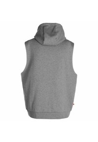 Grå ärmlös hoodie i mjukt tyg, med huva, detaljer vid bakre sömmen och ribbad nederkant. Inga synliga framfickor.