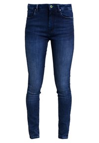 Tmavě modré skinny džíny vyrobené z denimu, s pěti kapsami, zipovým zapínáním, zeleným akcentovým knoflíkem a jemným vyblednutím na stehnech.