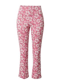 Roze bloemenleggings met een herhaald patroon van witte hibiscus bloemen, gemaakt van zachte stof met een rechte pijpdesign.