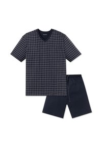 Navy blue sleep set featuring a short-sleeve V-neck top with a grid pattern and matching shorts with an elastic waistband. Textured cotton fabric.