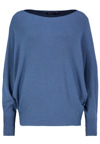 Blauer Strickpullover mit weitem Rundhalsausschnitt, langen Dolmanärmeln und gerippten Bündchen. Weiche Textur, lockere Passform und leichtes Material.