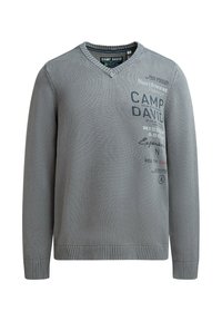 Grauer Pullover mit V-Ausschnitt und langen Ärmeln, mit Textdruck auf der Brust, einschließlich "Camp David", sowie gerippten Bündchen und Saum.